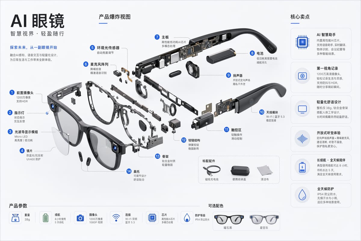 AI 眼镜爆炸拆解图